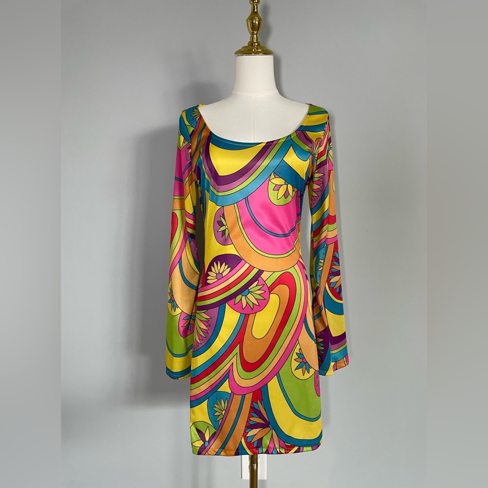 70s Hippie Multicolor Long Sleeve Dress